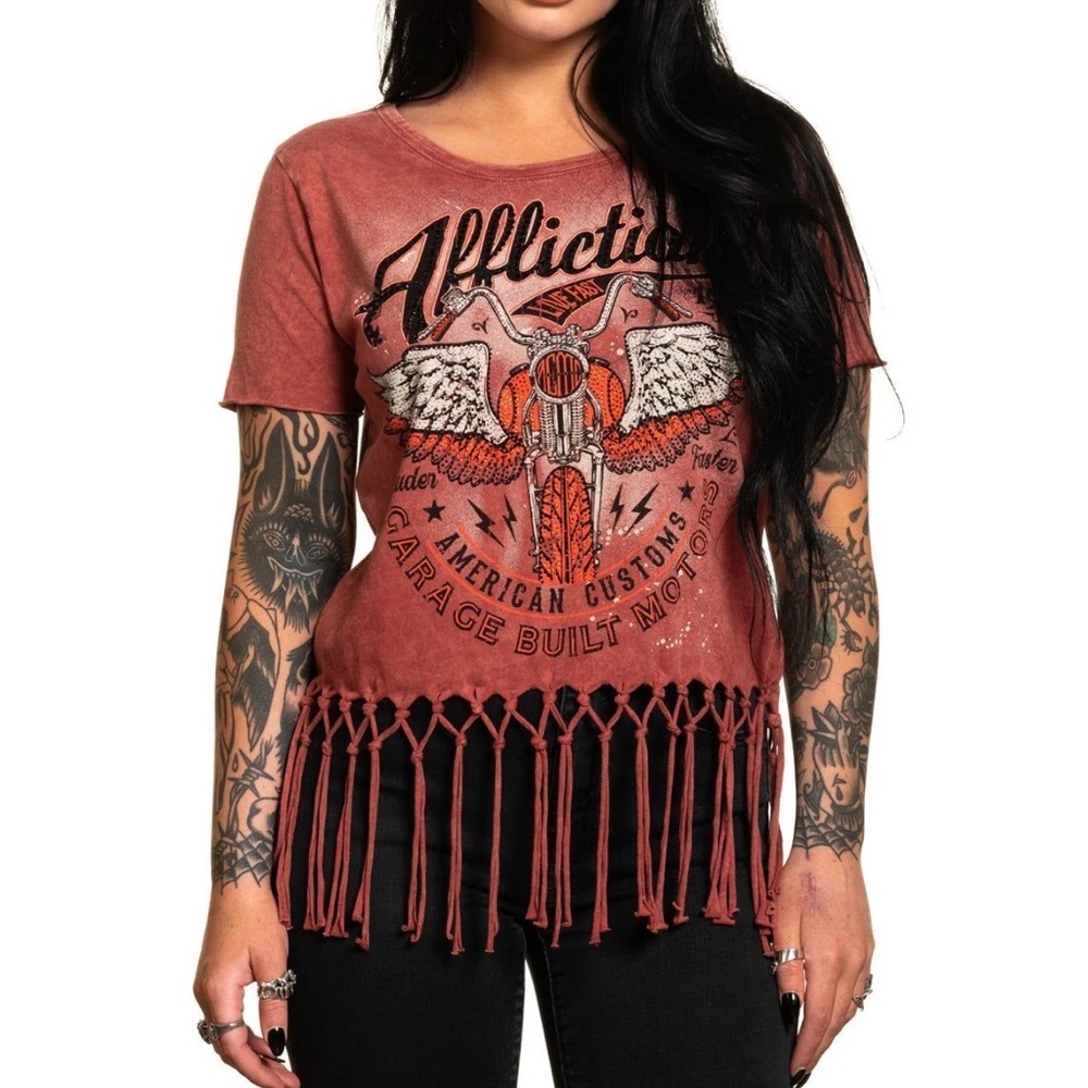 Affliction Women's AC BUILT FOR SPEED TEE Fringe Tee NWT